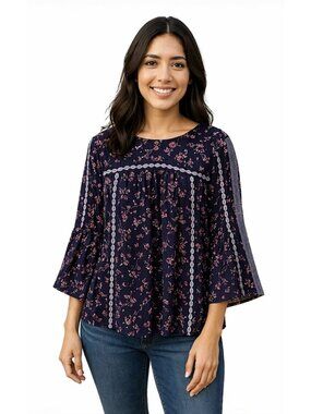 J. Jill Calico Floral Print 3/4 Sleeve Flowy Boho Peasant Top in Indigo XS